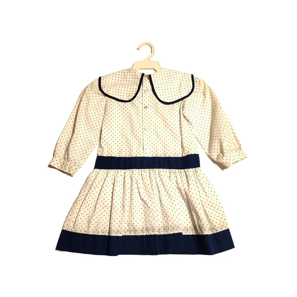 Vintage Polly Flinders Dress White w/ Blue Polka Dot Smocked Front Girls Size 5